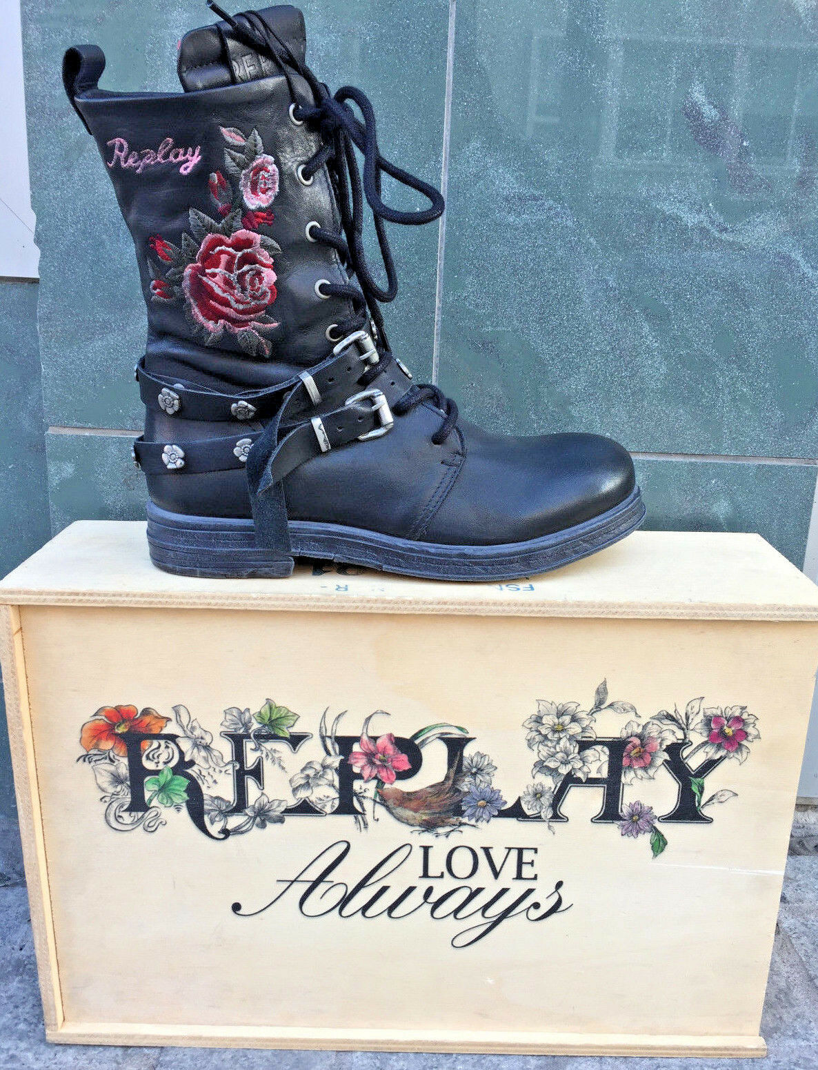 Replay Damenschuhe Schuhe Stiefel Stiefelette Upset Boots Leder Blumen ModeRockCenter