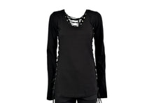 Lade das Bild in den Galerie-Viewer, Damen Gothic Girl- Longsleeve Pullover Daumenlöchern Schnürung Schwarz