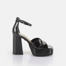 Load image into Gallery viewer, Buffalo Heels Sandals Black Patent May Cross VEGAN
