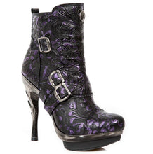 Lade das Bild in den Galerie-Viewer, New Rock Schuhe Damen- Stiefelette Boots Absatzschuhe Gothic M-Punk Schnallen Punk Lila Echtleder
