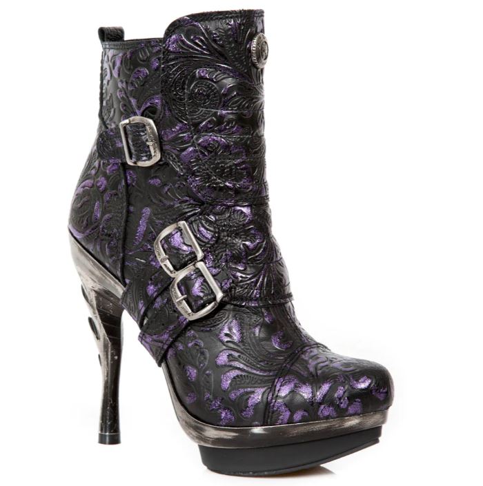 New Rock Schuhe Damen- Stiefelette Boots Absatzschuhe Gothic M-Punk Schnallen Punk Lila Echtleder
