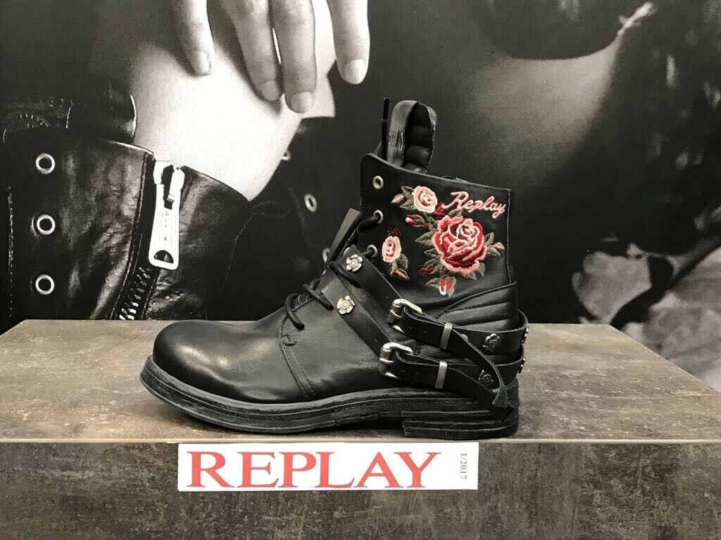 Replay Damenschuhe Schuhe Stiefelette Boots Schwarz Covet Blumenstickerei Nieten