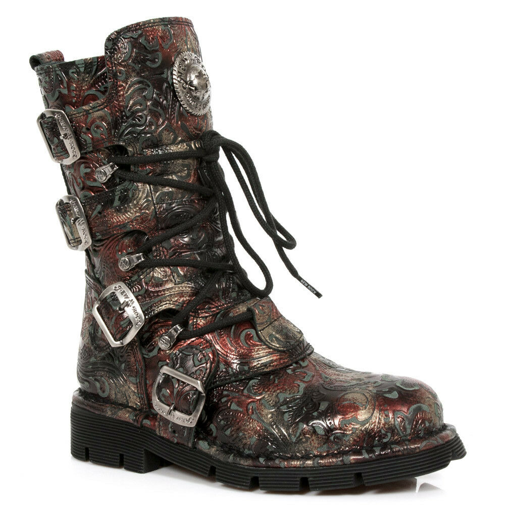 New Rock Schuhe Gothic Stiefel Boots Leder M.1473-S42 Vintage Flower Rot Brokat