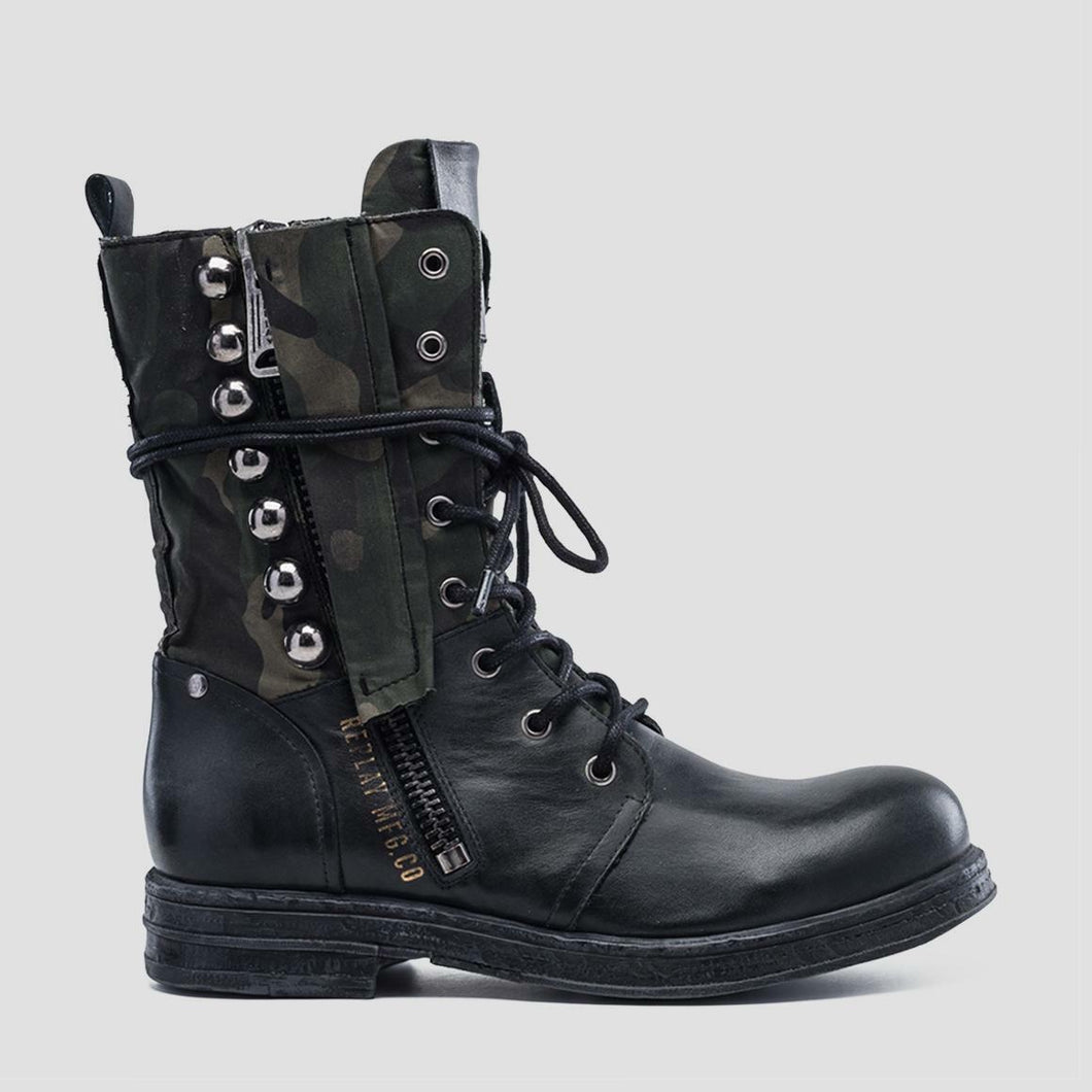 Replay Damenschuhe Schuhe Stiefel Stiefelette Boots Leder Schwarz Tan Military