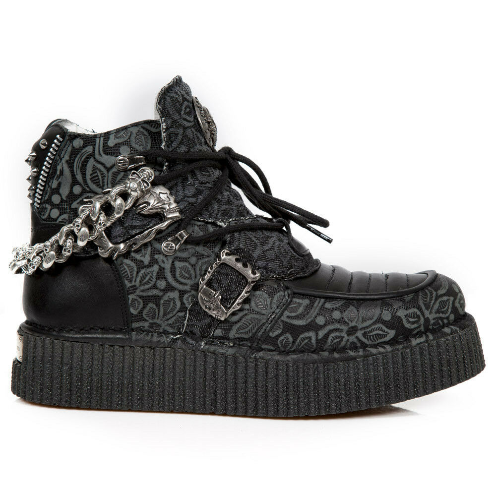 New Rock Creepers Rockabilly Rivets Skull Black Brocade M.CRP050-S2