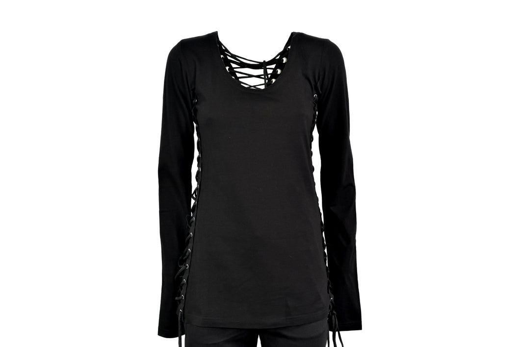 Women's Gothic Girl Long Sleeve Pullover Thumb Holes Lacing Black