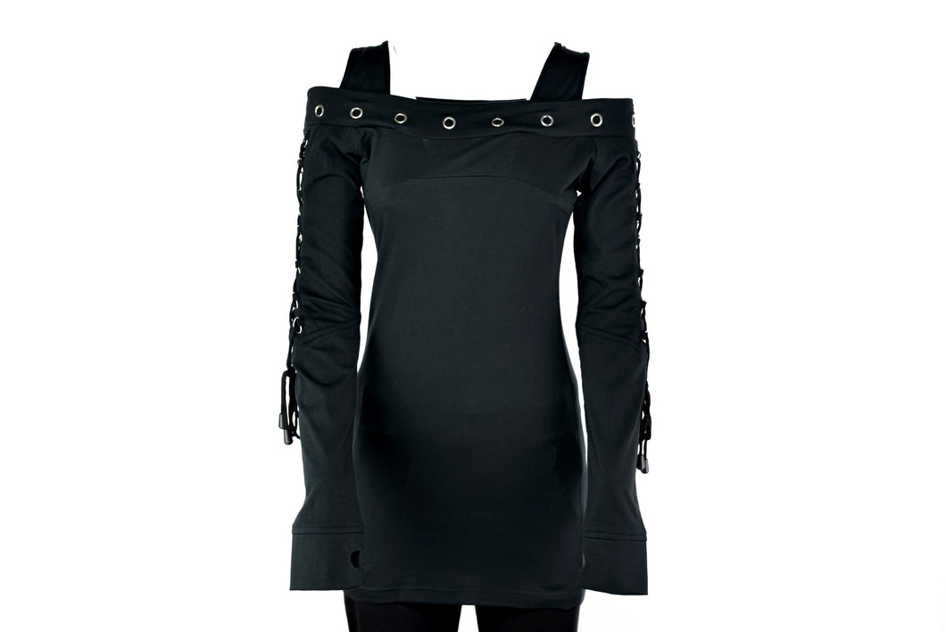 Damen Gothic Punk Shirt Kleid Longsleeve Langarm Top Schwarz D-Ringe NEU&OVP