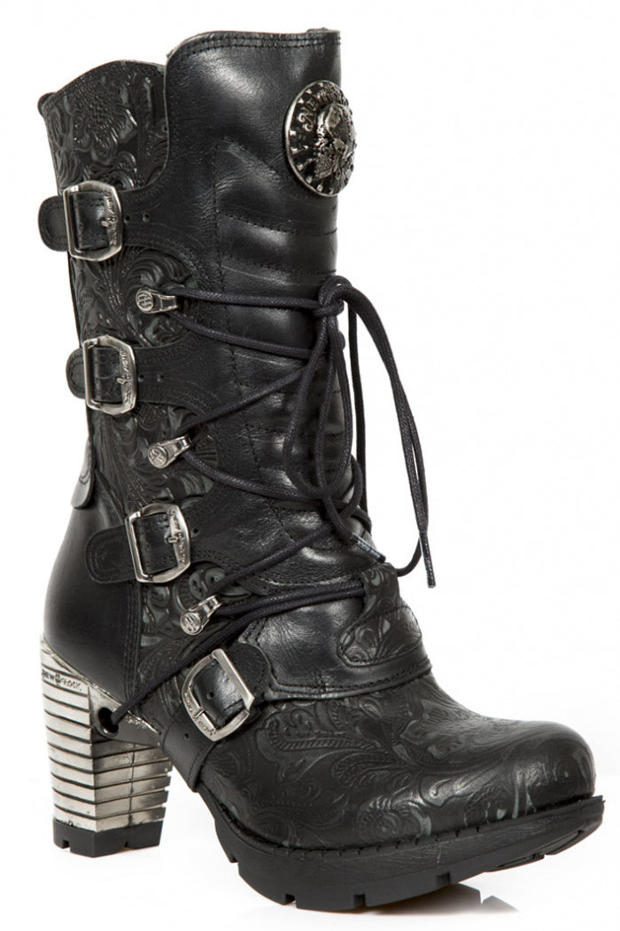 New Rock M-TR003-S8 Platform Genuine Leather Brocade Boots Black